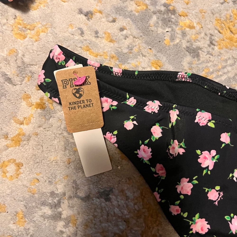 NWT PINK Victoria's Secret Black cheeky Bikini Bottom with Pink Floral Print. - Picture 3 of 4